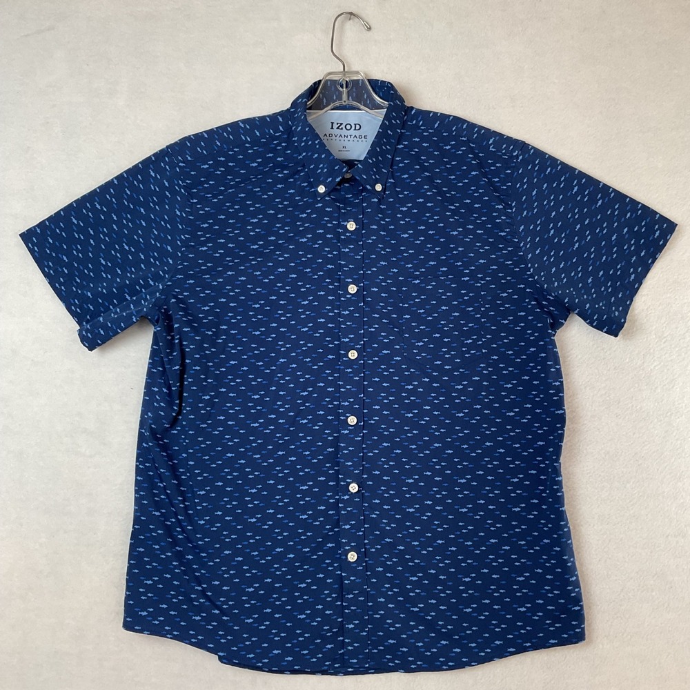 IZOD Advantage Performance Mens XL Navy Blue Fish Print Short Sleeve Button Down